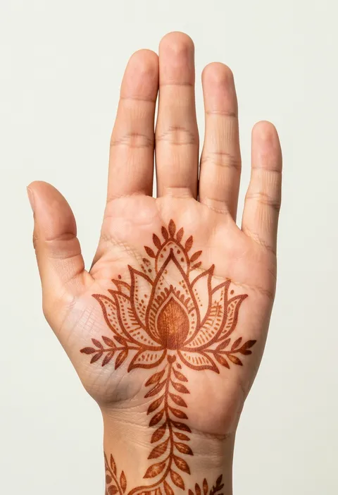 For-girls front-hand mehndi design with a central palm lotus and soft leafy vine trailing to the wrist