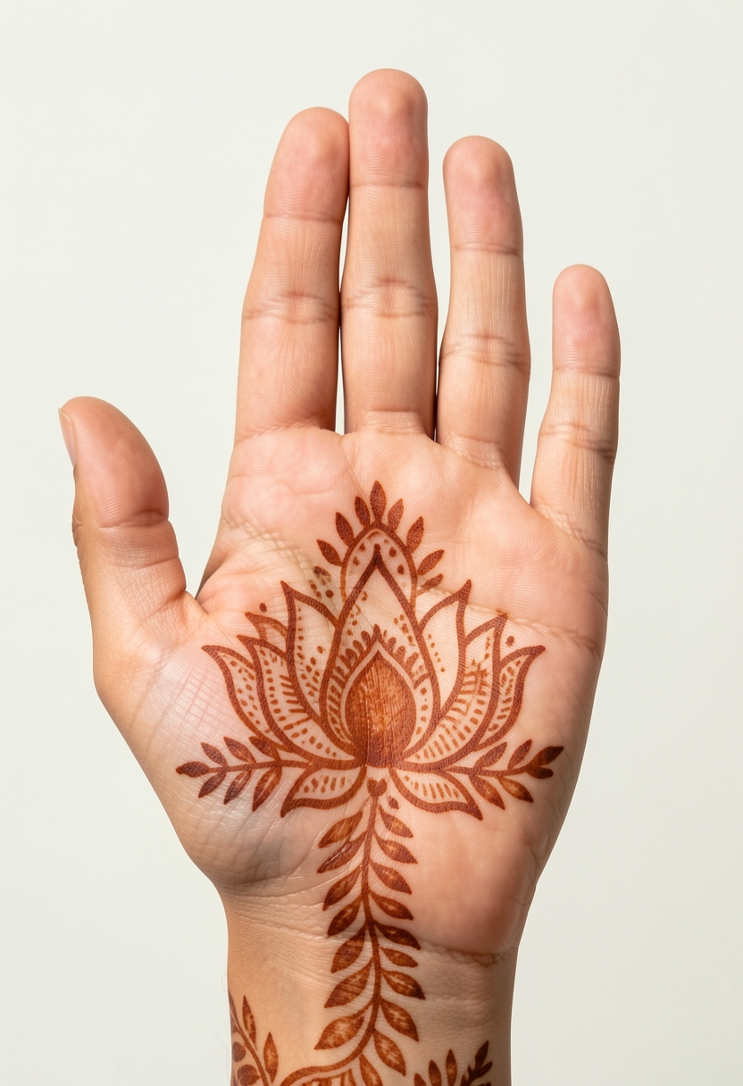For-girls front-hand mehndi design with a central palm lotus and soft leafy vine trailing to the wrist