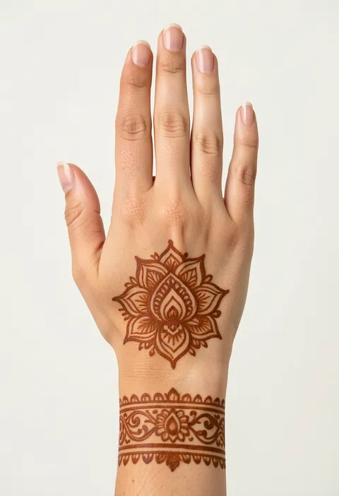 Bridal back-hand mehndi design with a central lotus mandala and an ornate decorative wrist band