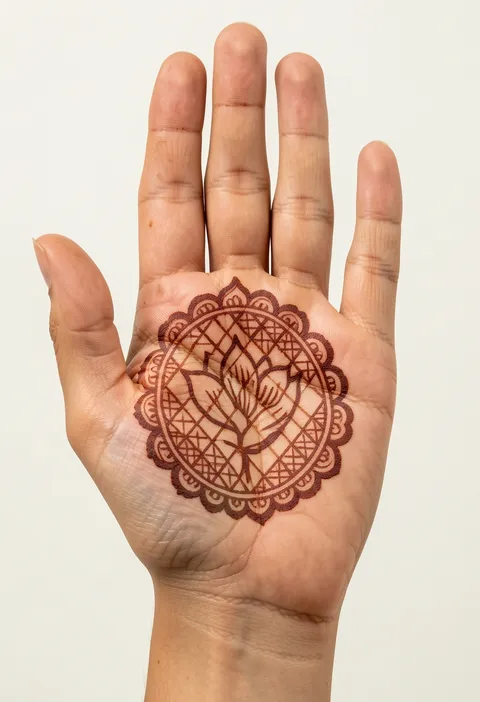 Bridal front-hand mehndi design with a round lotus mandala and fine diamond lattice fill on the palm