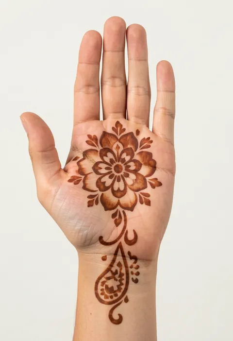 Arabic front-hand mehndi design with a central floral medallion and a flowing paisley wrist trail