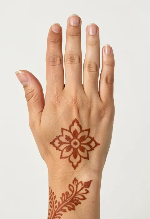Minimal back-hand mehndi design with a single geometric floral medallion and a small wrist vine