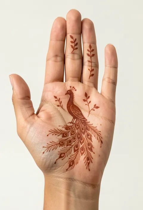 For-girls front-hand mehndi design with a graceful peacock and trailing feathers on the palm