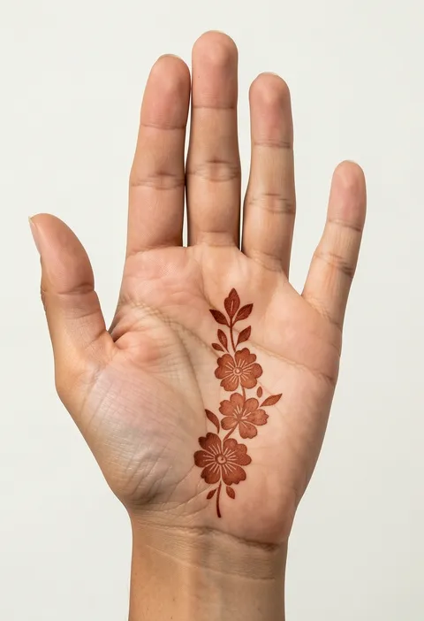 Minimal front-hand mehndi design with a slender vertical floral vine trailing down the palm