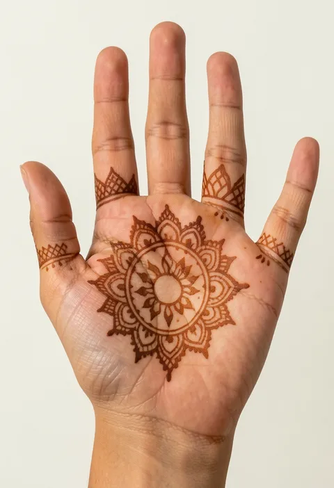 Bridal front-hand mehndi design with an ornate round palm mandala and crosshatch fingertip caps