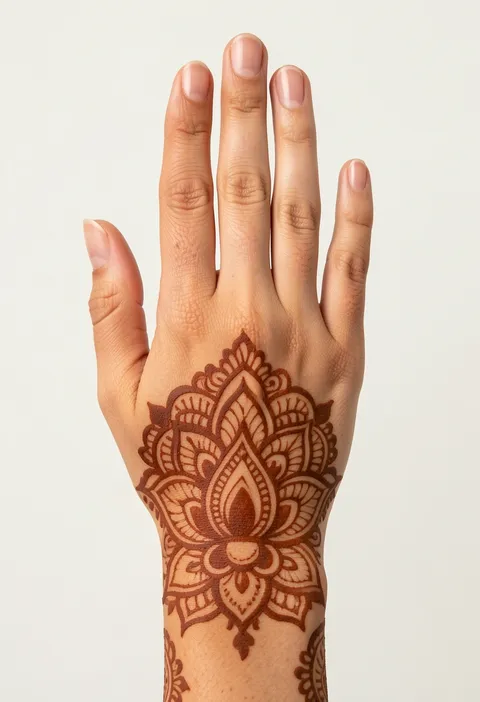 For-girls back-hand mehndi design with a bold layered lotus mandala and scalloped petal border