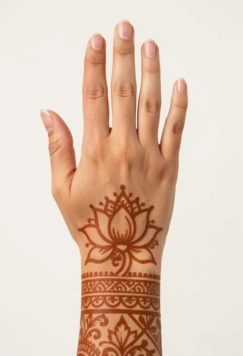 Bridal back-hand mehndi design with an open lotus bloom and an ornate patterned wrist cuff