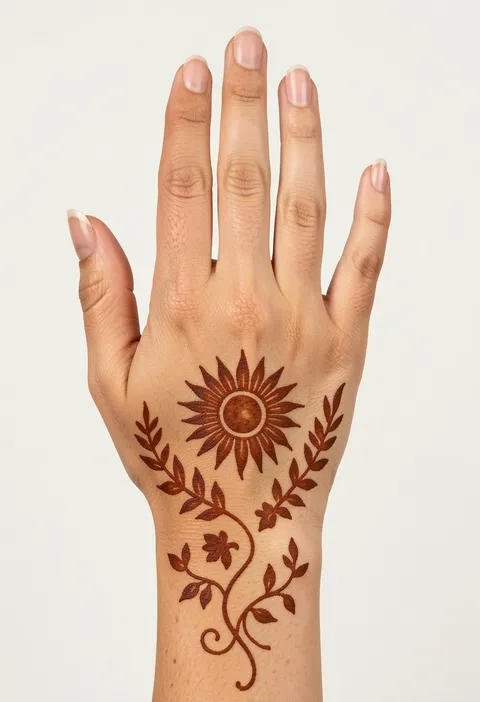 Arabic back-hand mehndi design with a bold sunburst bloom and leafy vines trailing to the wrist