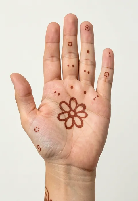 Simple kids front-hand mehndi design with an outlined daisy in the palm and dotted finger accents