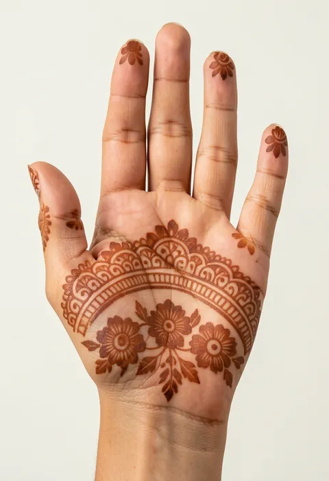 Bridal front-hand mehndi design with a scalloped floral cuff across the palm and petal fingertips