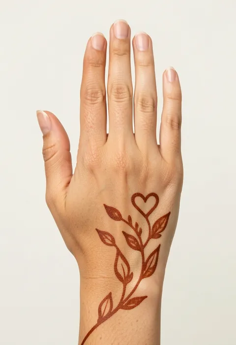 Minimal back-hand mehndi design with a leafy vine curving up into a small outlined heart