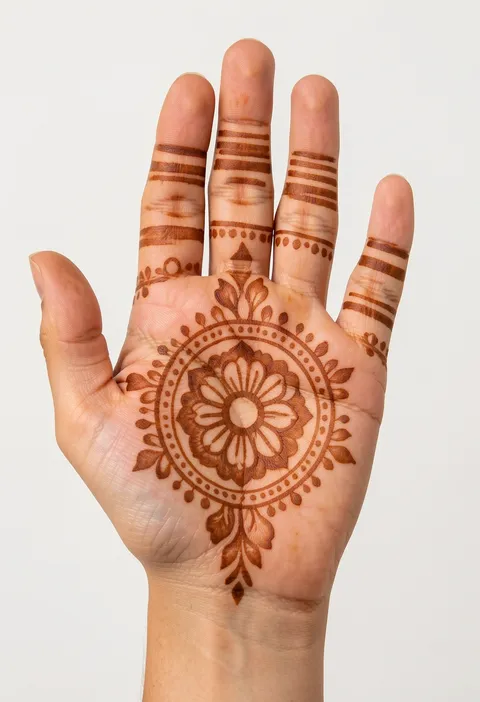 Bridal front-hand mehndi design with a round floral medallion in the palm and striped finger bands