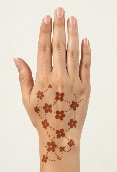 For-kids back-hand mehndi design with small five-petal flowers linked by fine dotted chains
