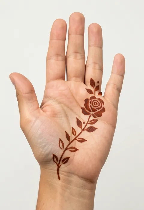 Minimal front-hand mehndi design with a slim rose-and-leaf vine sweeping across the palm