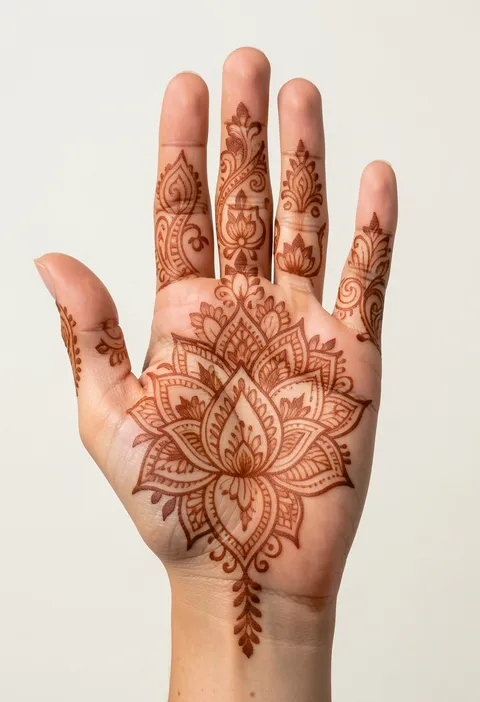 Bridal front-hand mehndi design with a large lotus mandala on the palm and paisley finger fills