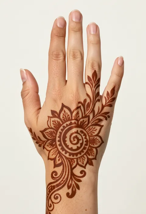 Arabic back-hand mehndi design with a spiral floral mandala and leafy paisley trails to the fingers