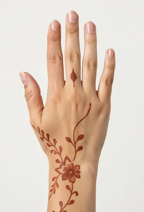 Minimal back-hand mehndi design with a small wrist flower, leafy vines, and a fingertip bud