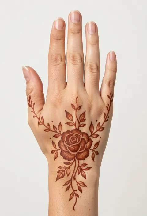 For-girls back-hand mehndi design with a central rose bloom and leafy vine trails