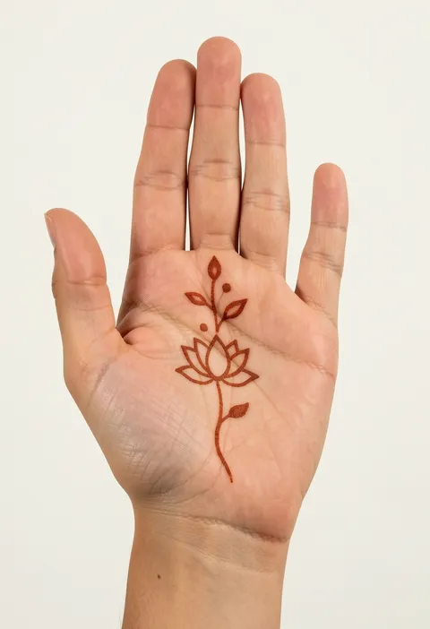 Minimal front-hand mehndi design with a single lotus outline and thin vine on the palm