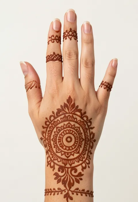 Arabic back-hand mehndi design with a round mandala and looped ladder finger cuffs