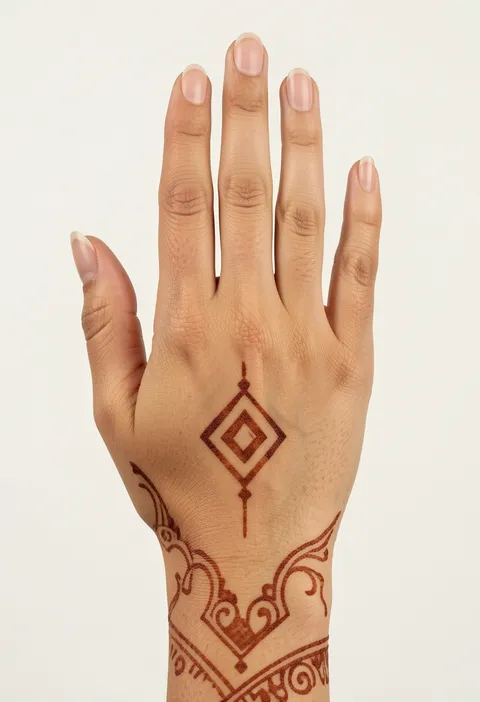 Minimal back-hand mehndi design with a geometric diamond motif and scrolled wrist band