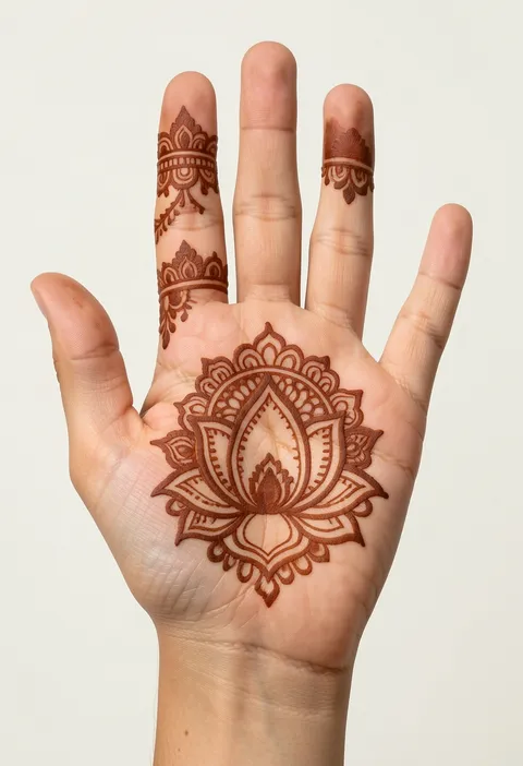 Front-hand bridal mehndi design with a central lotus medallion on the palm and finger caps