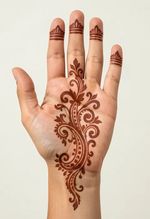 Front-hand Arabic mehndi design with a flowing central paisley-and-swirl palm trail and finger caps