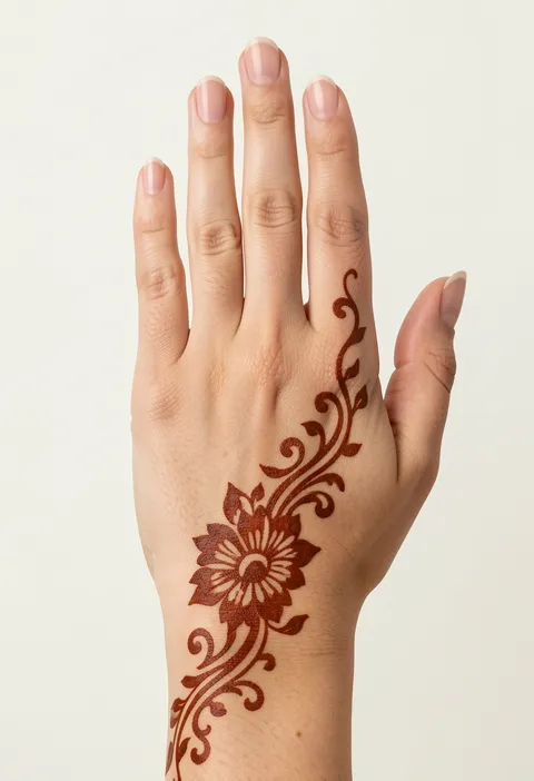 Back-hand Arabic mehndi design with a bold diagonal floral-and-swirl trail from wrist to hand