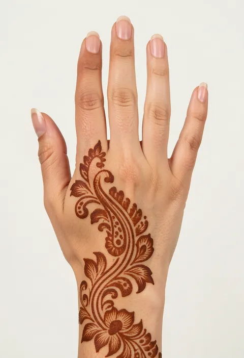 Arabic back-hand mehndi design with a diagonal paisley vine and a single floral fingertip cap
