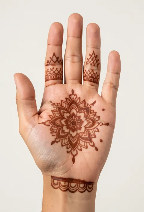 Front-hand mehndi design for girls with a central palm flower-mandala and net-tipped fingers
