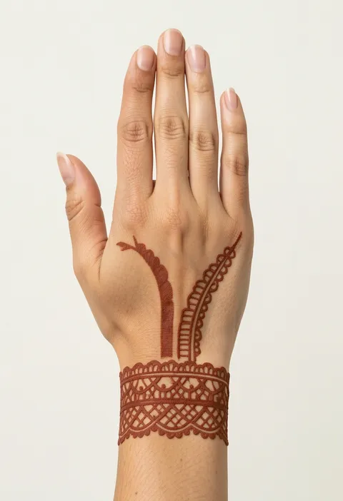 Minimal back-hand mehndi design with a lace wrist cuff band and two fine sprigs, fingers left bare