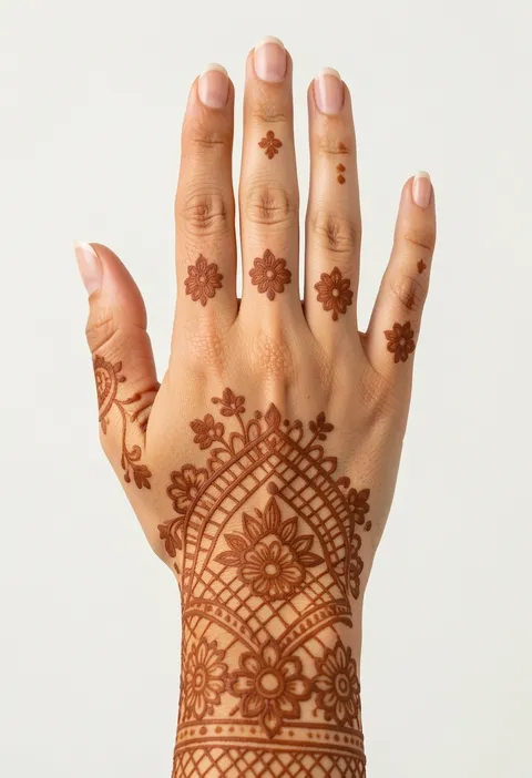 Bridal back-hand mehndi design with a central floral medallion, lace net-fill and small finger flowers