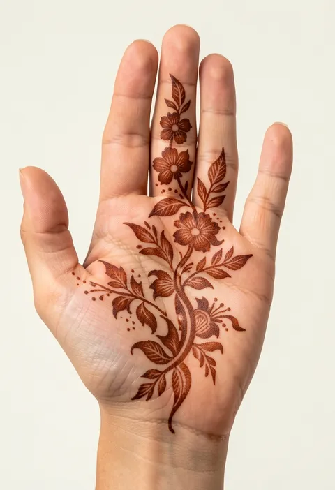 Arabic front-hand mehndi design with a shaded floral-and-leaf trail curving across the palm onto one finger