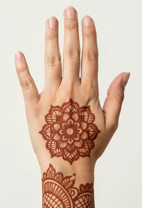 Back-hand mehndi design for girls with a round floral mandala and a scalloped lace wrist band