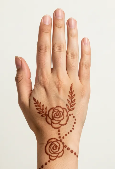 Minimal back-hand mehndi design with two rose swirls, leaf sprigs and a dotted bead chain