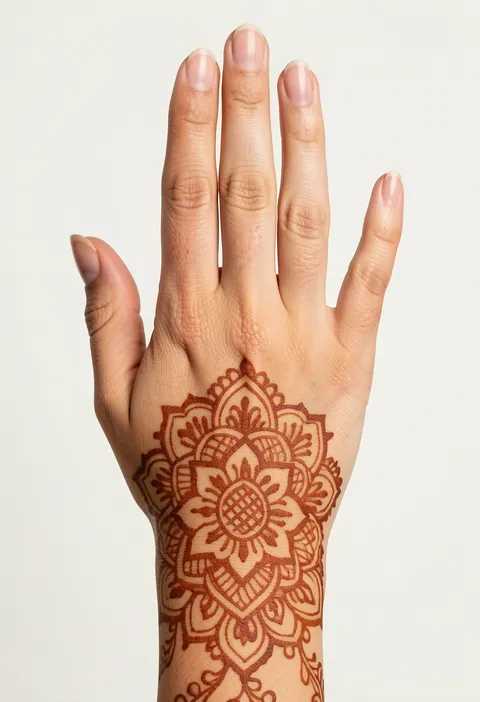 For-girls back-hand mehndi design with a large central floral mandala and cross-hatch petals