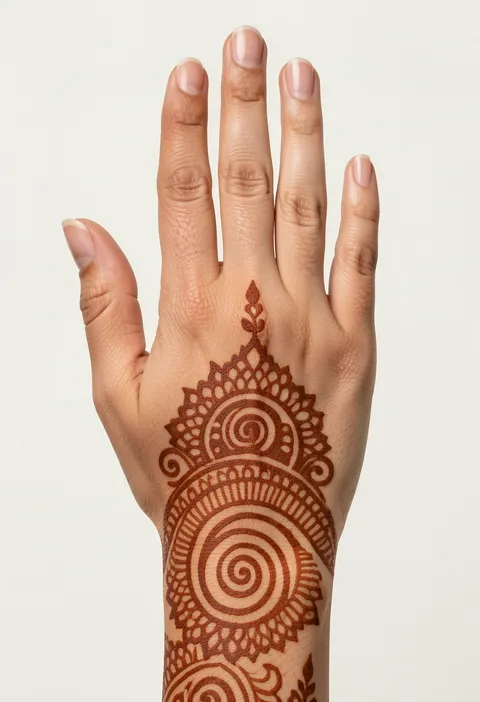 Bridal back-hand mehndi design with concentric spiral rosettes flowing from the wrist