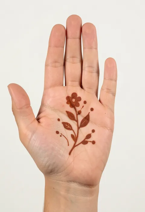 For-kids front-hand mehndi design with a small palm flower on a single leafy vine