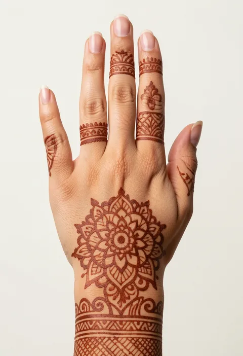 Back-hand for-girls mehndi design with a round wrist mandala bloom and patterned finger bands