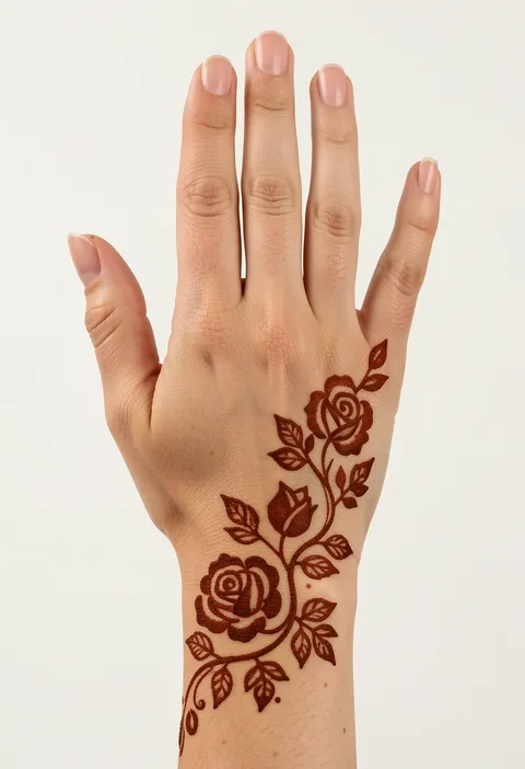 Arabic back-hand mehndi design with a flowing rose-and-leaf vine trailing across the hand
