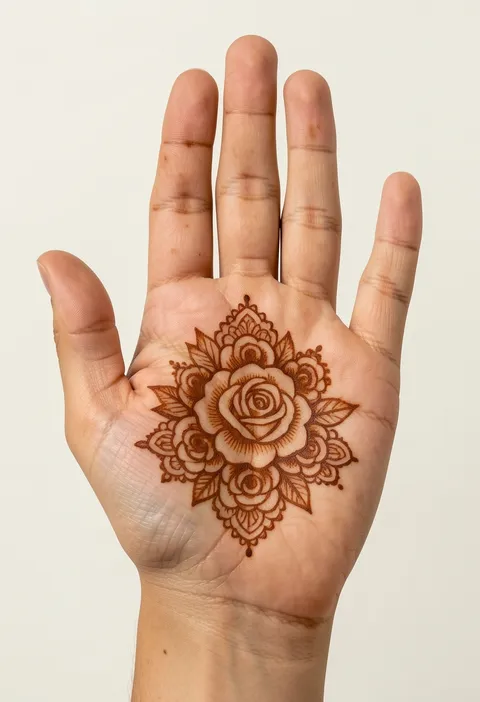 Bridal front-hand mehndi design with a central palm rose cluster ringed by smaller roses