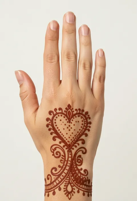 Back-hand for-girls mehndi design with a dotted heart centrepiece framed by swirls and paisley