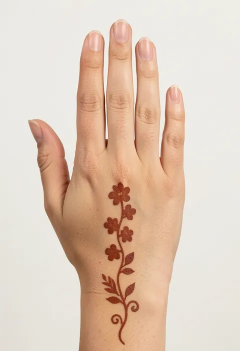 Minimal back-hand mehndi design with a slim floral chain and leafy curling sprig