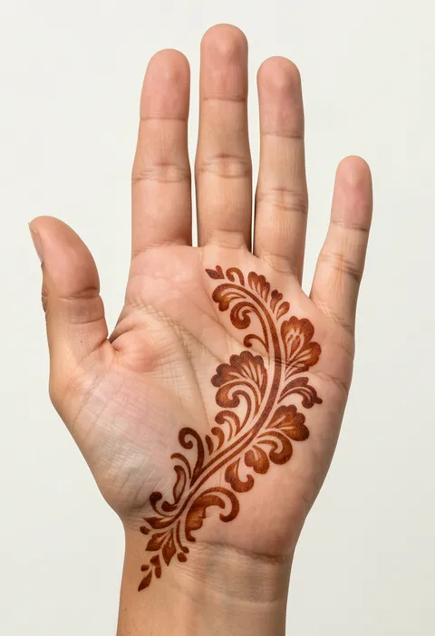Arabic front-hand mehndi design with a bold shell-and-paisley floral trail across the palm