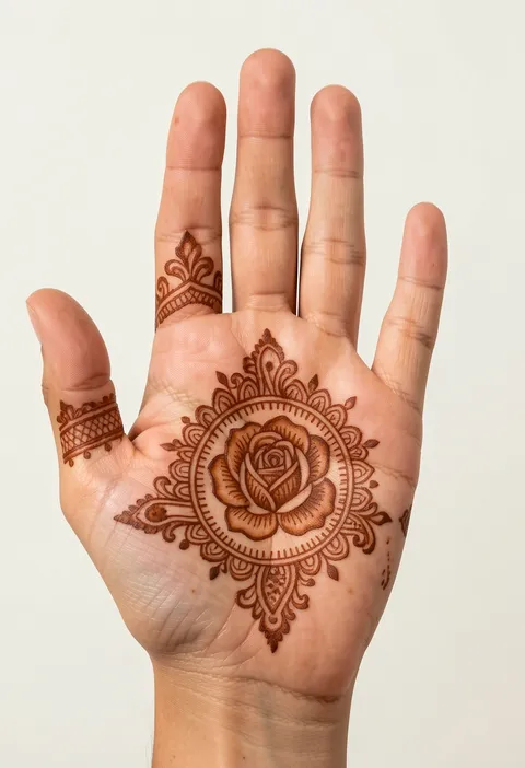 Bridal front-hand mehndi design with a central rose mandala medallion on the palm