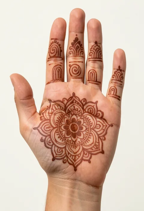 For-girls front-hand mehndi with a rounded floral mandala on the palm and neat patterned finger columns
