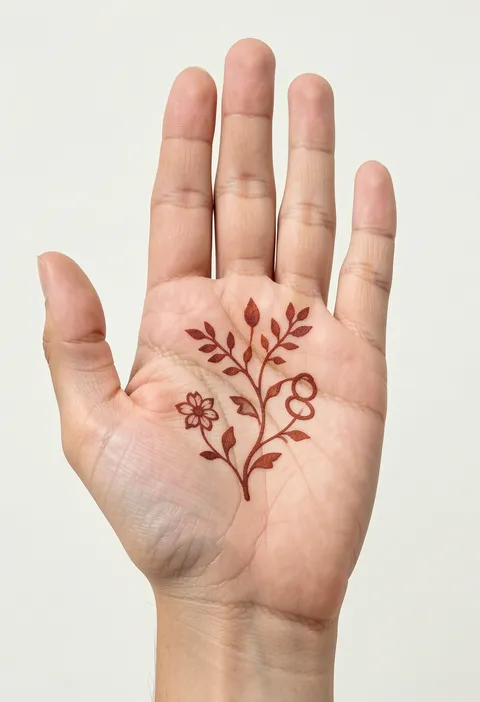 Minimal front-hand mehndi design with a small floral vine and blossom on the palm