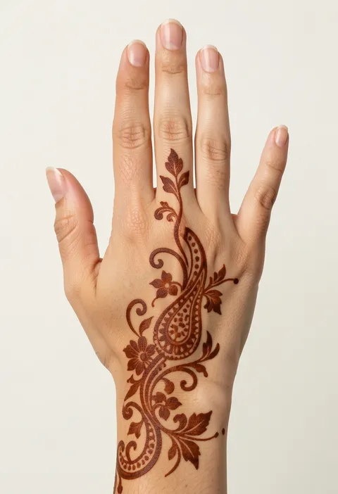Arabic back-hand mehndi design with a flowing paisley and floral vine trailing across the hand