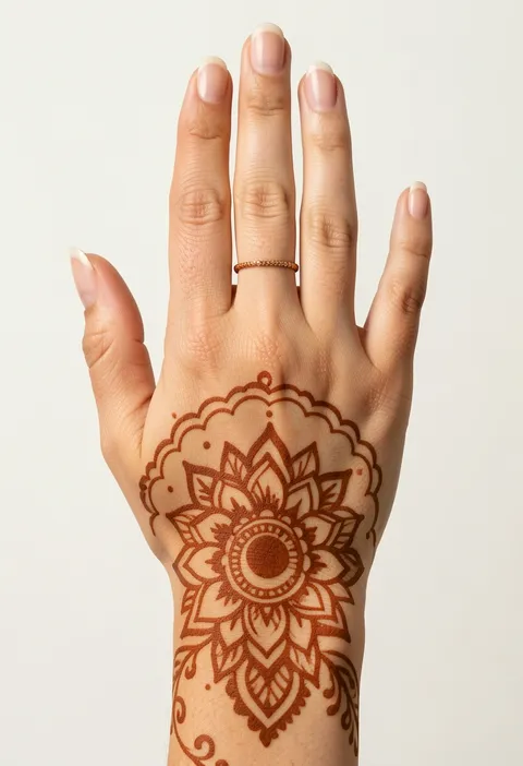 For-girls back-hand mehndi design with a bold sunflower mandala and a fine ring band on the finger