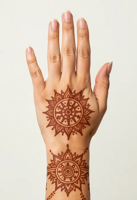 Bridal back-hand mehndi design with a bold sun-mandala medallion and a matching wrist motif